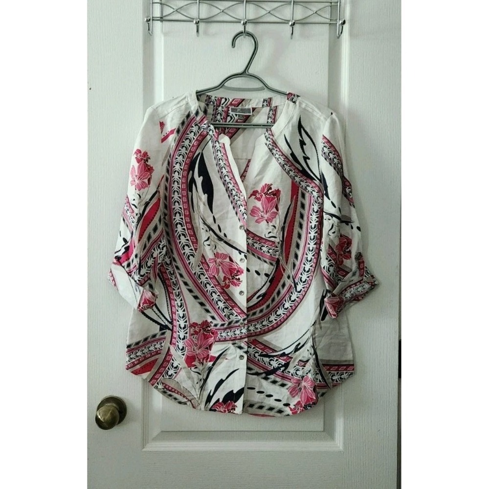 JM Collection Women's Linen‎ Floral Blouse 3/4 Sleeve Button White Pink Size S